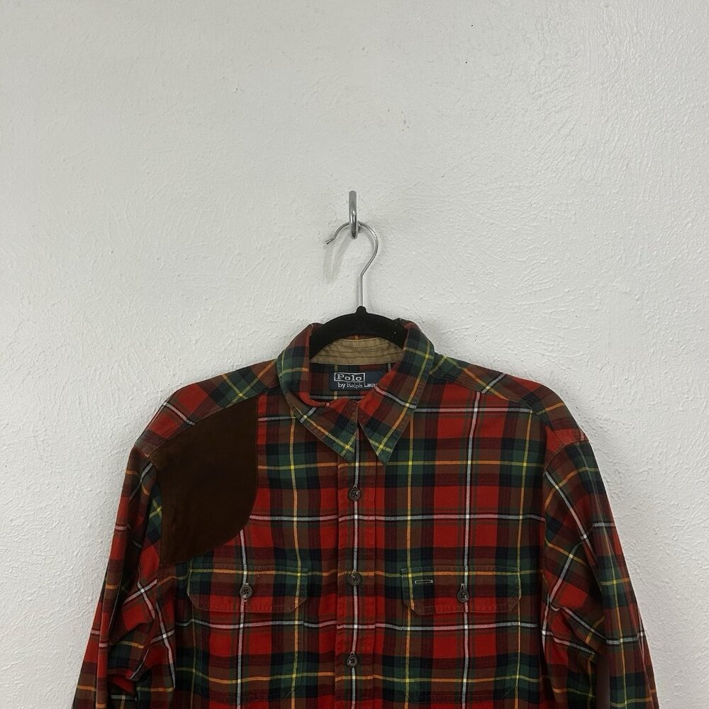VTG 90s Polo Ralph Lauren Sportsman Plaid Flannel Suede Patch Shooting Shrt Sz L - Picture 2 of 11